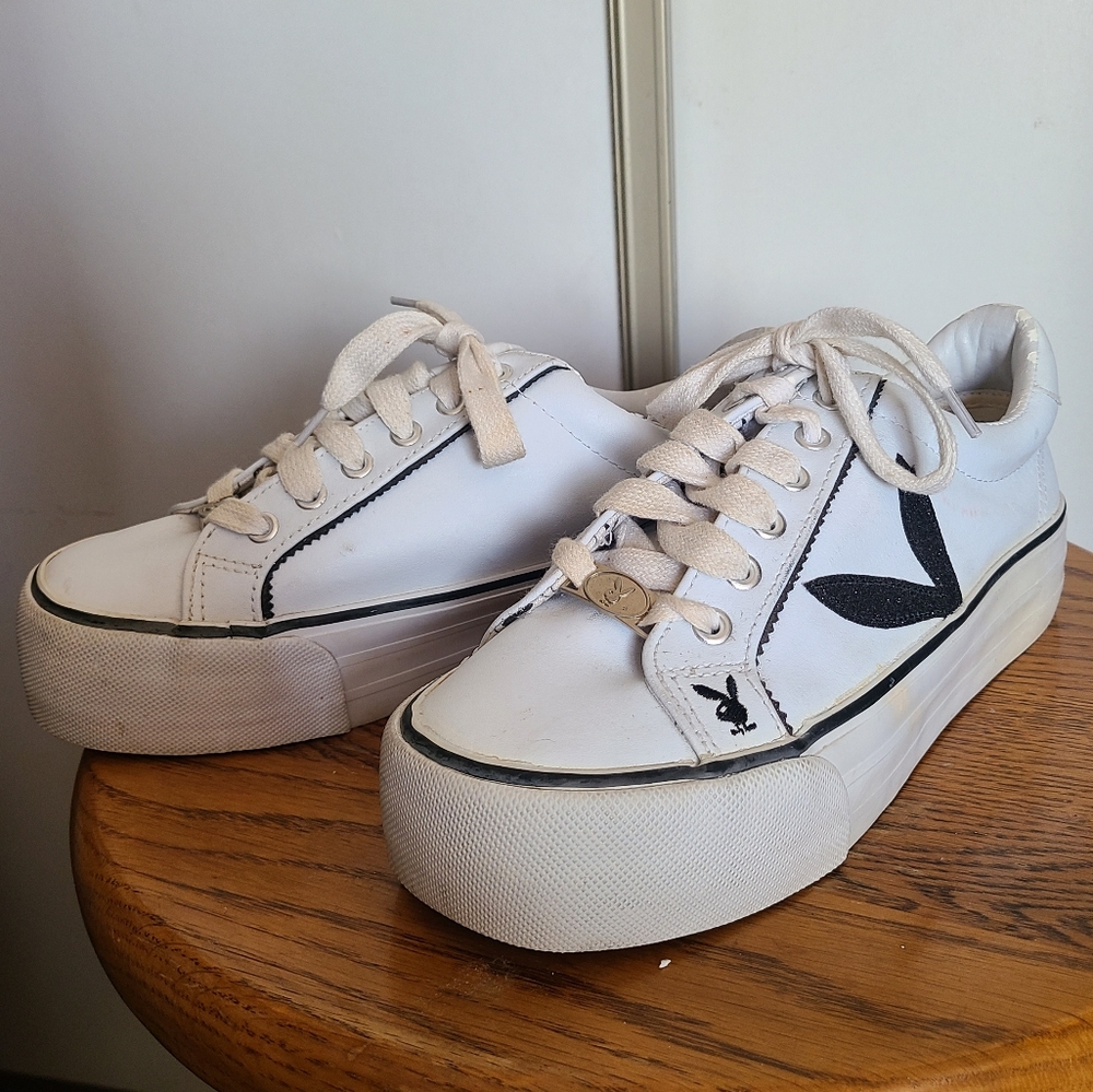 Playboy Sneakers, white with black sparkled ears, size 9